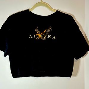 Alaska embroidered crop tee in black stretch cotton super soft.